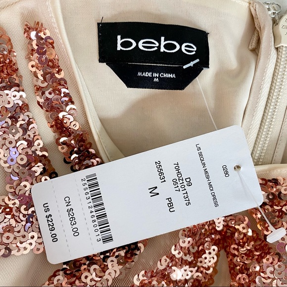 BEBE Sequin Scroll Mesh Rose Gold Bodycon Structured Dress Size M - Picture 13 of 16